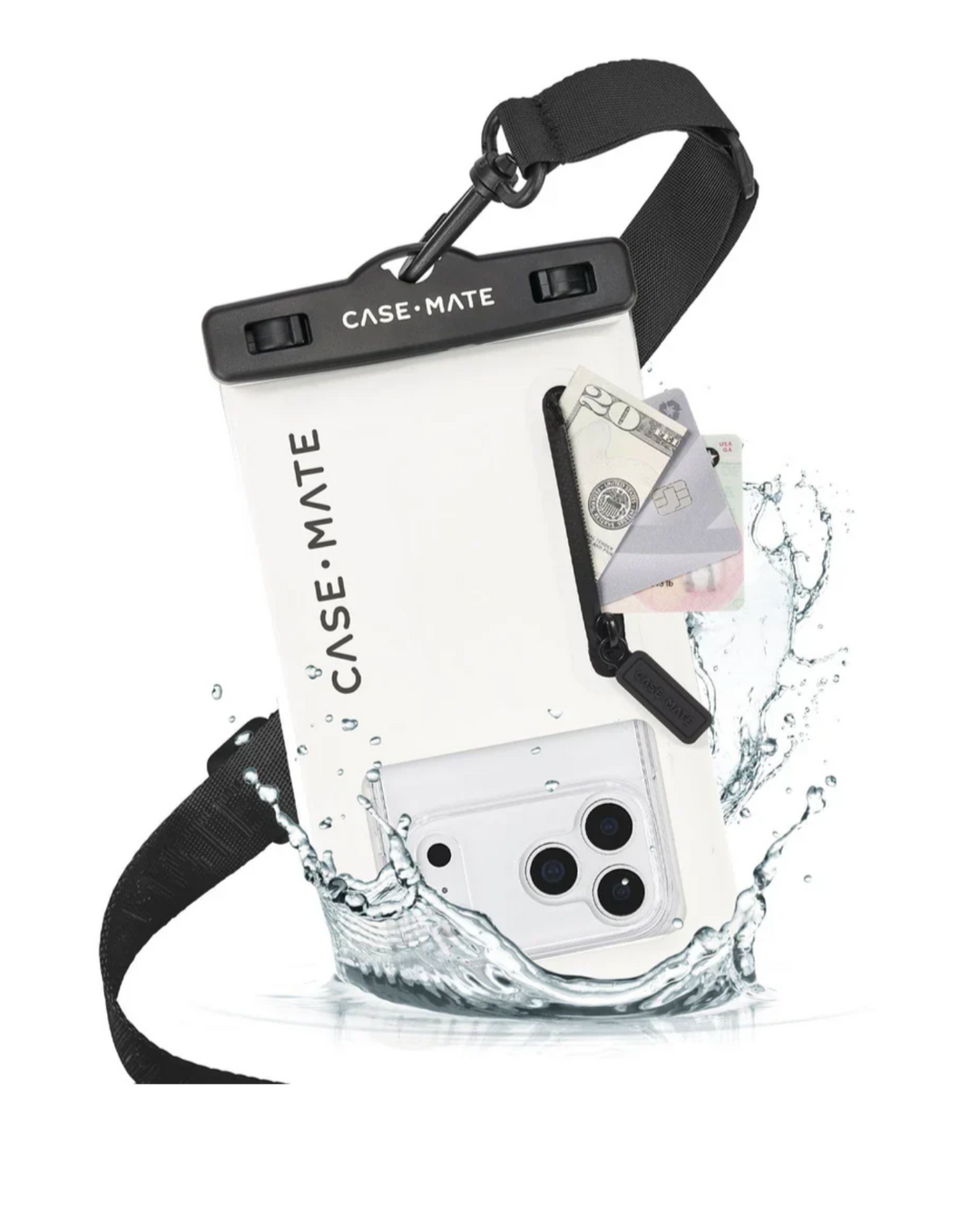 White and black CASE-MATE waterproof phone pouch with a black adjustable strap, shown with a phone inside and a cash pocket holding cash, surrounded by a water splash effect on a white background.