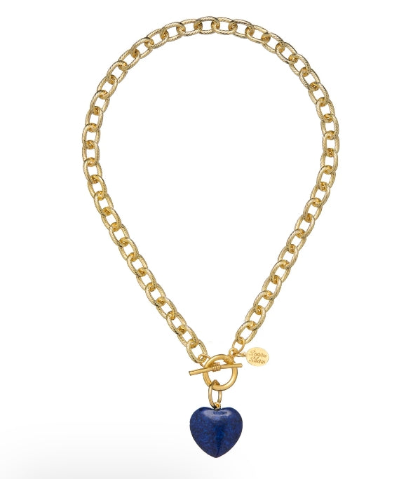 A gold chain necklace with a toggle clasp and a heart-shaped lapis lazuli pendant, displayed on a clean white background.