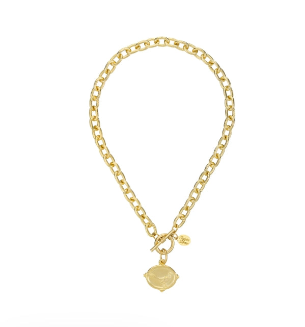 A gold chain necklace with a toggle clasp and a small oval pendant, displayed on a clean white background.