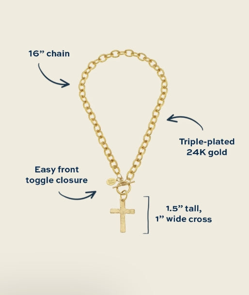 Gold cross pendant necklace with chain and closure details, shown on a light beige background with overlaid text and arrows describing the product features.