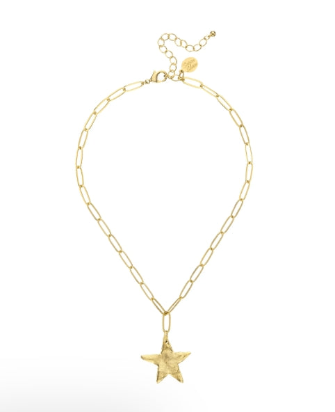 A gold-toned paperclip chain necklace with a textured star-shaped pendant, displayed against a solid white background.