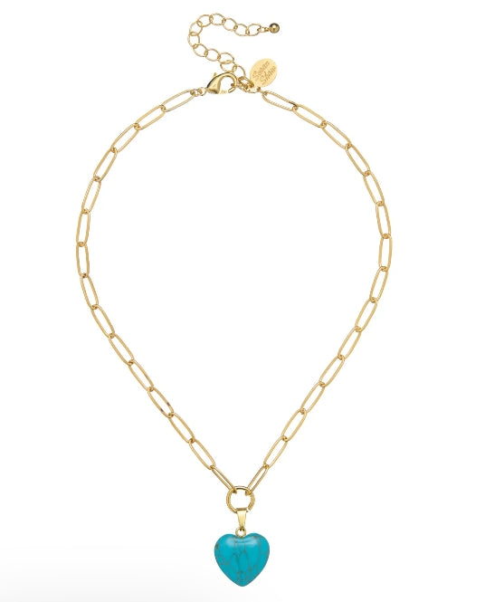A gold chain necklace with a paperclip-style link design and a turquoise heart-shaped pendant, displayed on a clean white background.