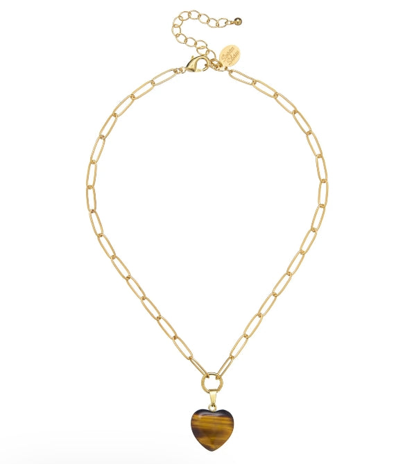 A gold chain necklace with a heart-shaped pendant made of tiger&
