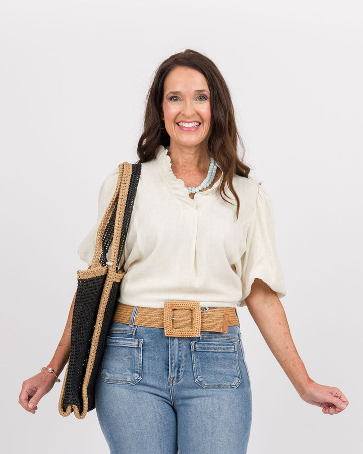 Large Square Buckle Straw Belt - Tan