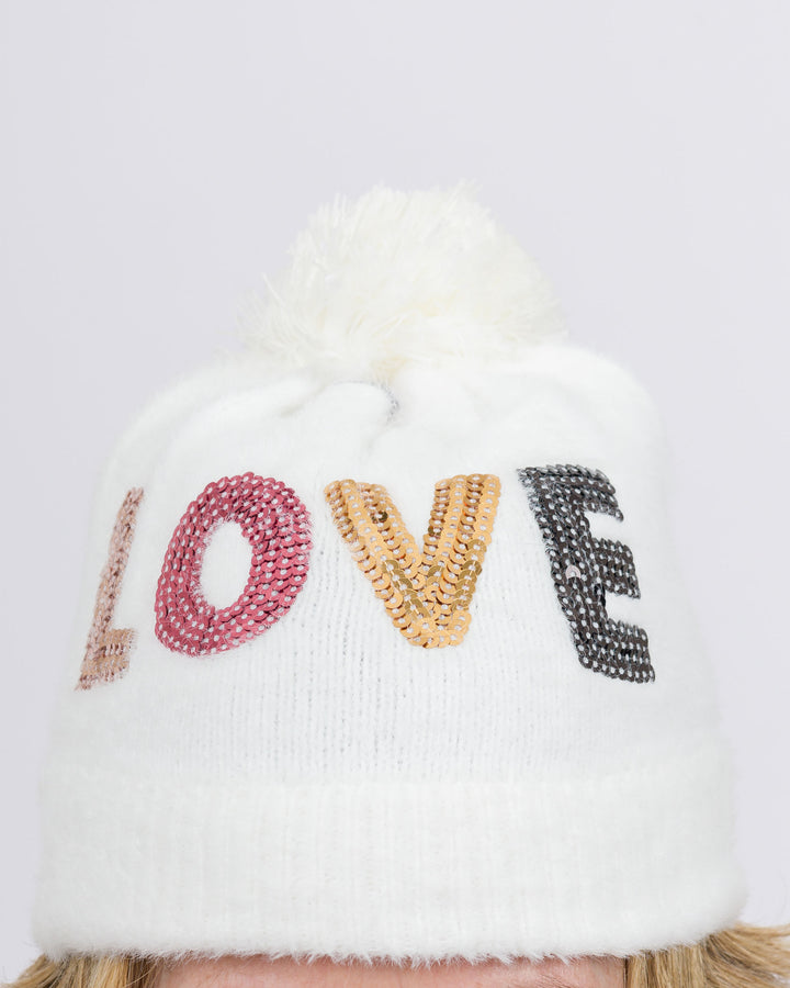 Sequin LOVE Knit Hat With A Pom- White