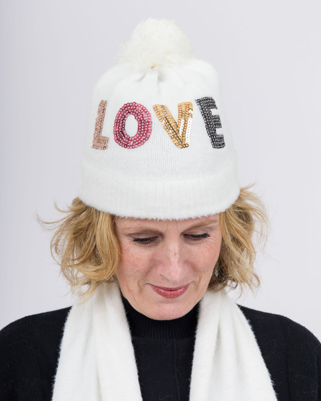 Sequin LOVE Knit Hat With A Pom- White