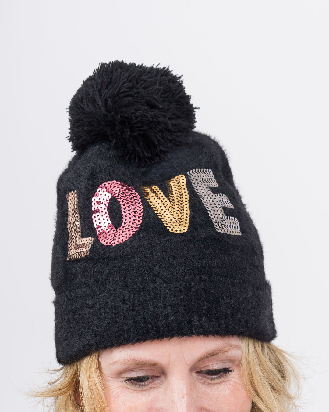 Sequin LOVE Knit Hat With A Pom- Black