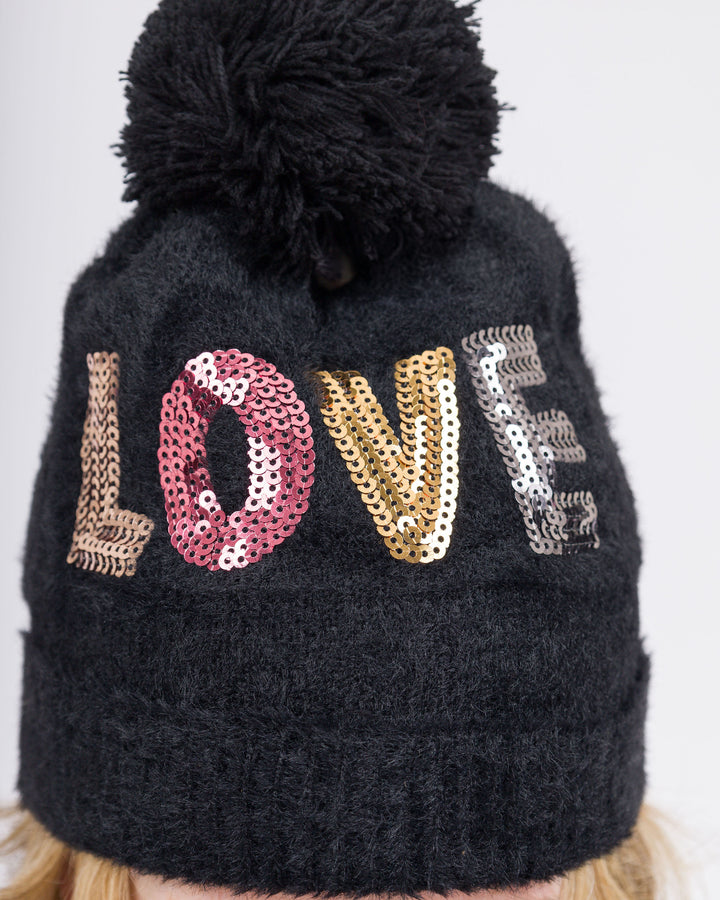 Sequin LOVE Knit Hat With A Pom- Black