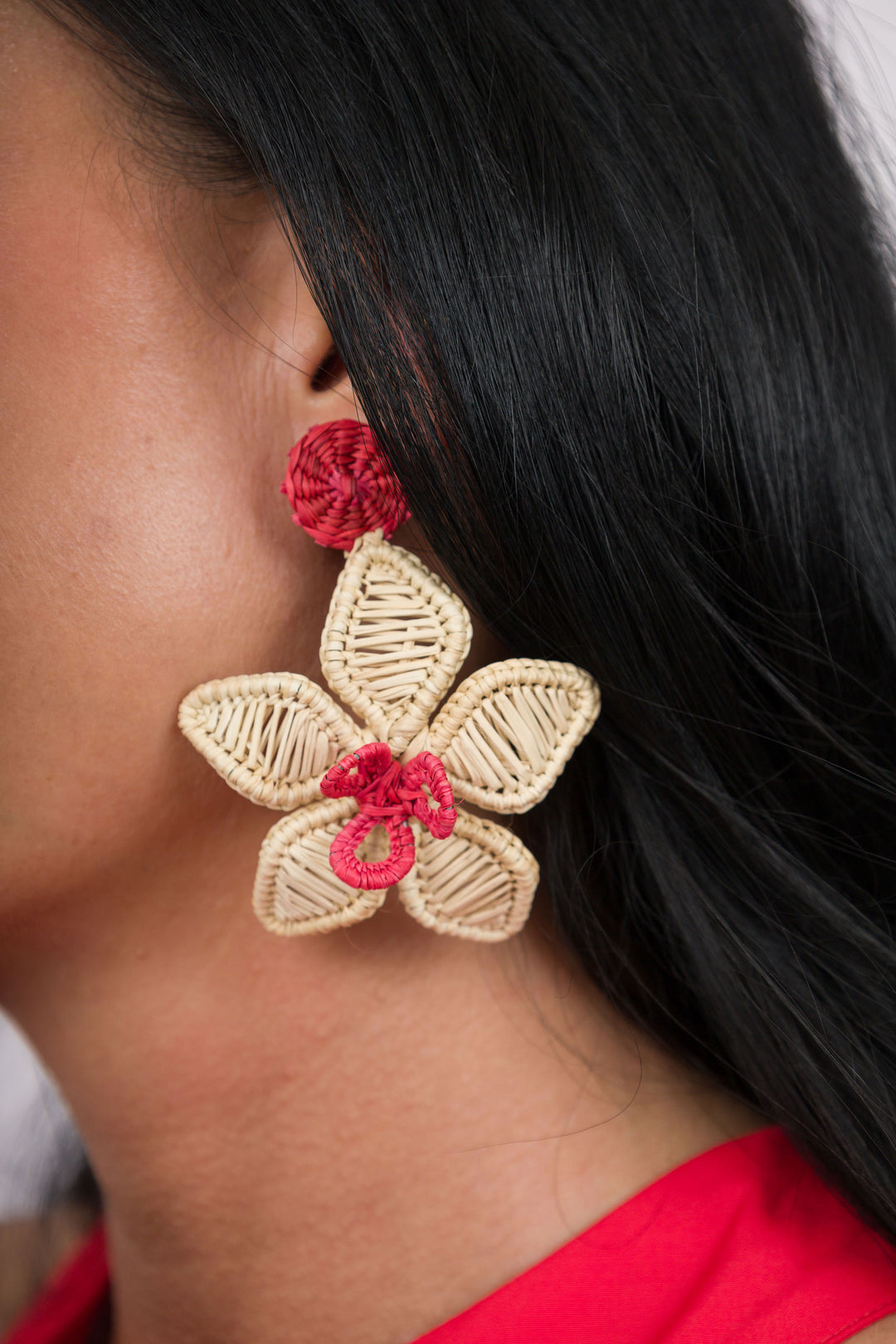 Handmade Natural Palm Earrings Flower with Red