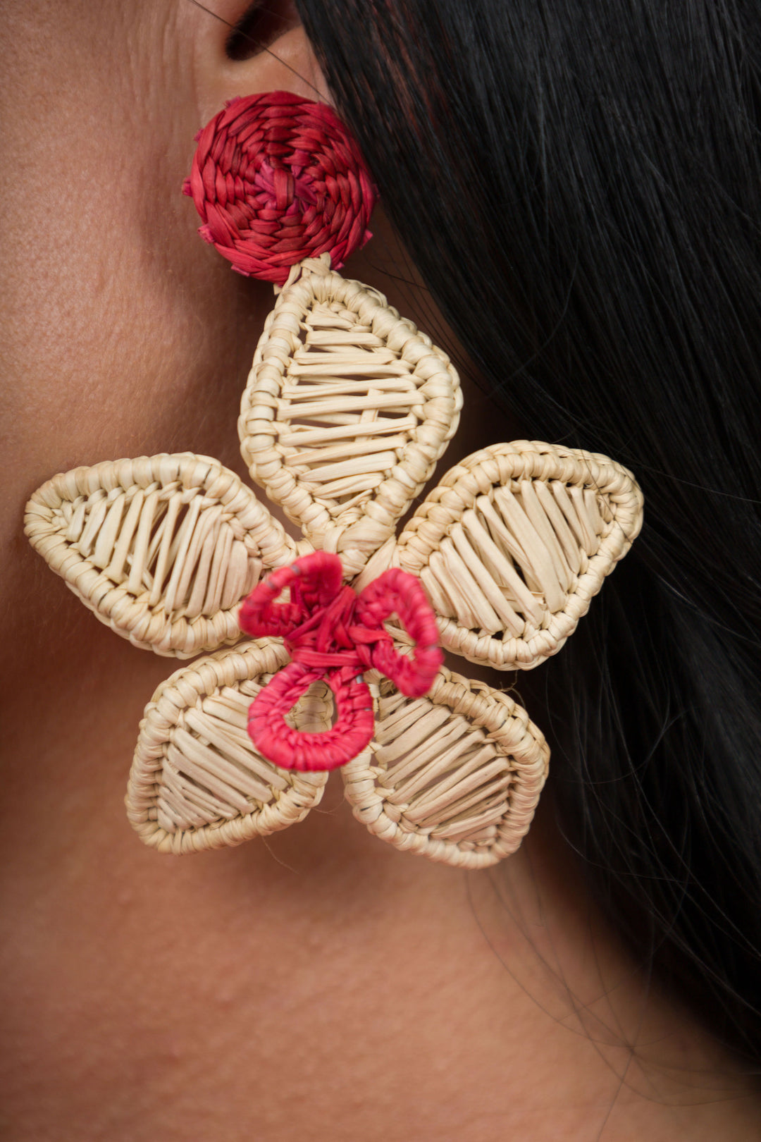 Handmade Natural Palm Earrings Flower with Red