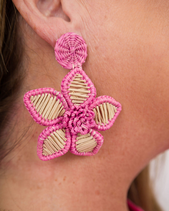 Handmade Natural Palm Earrings Dangle Flower-Pink