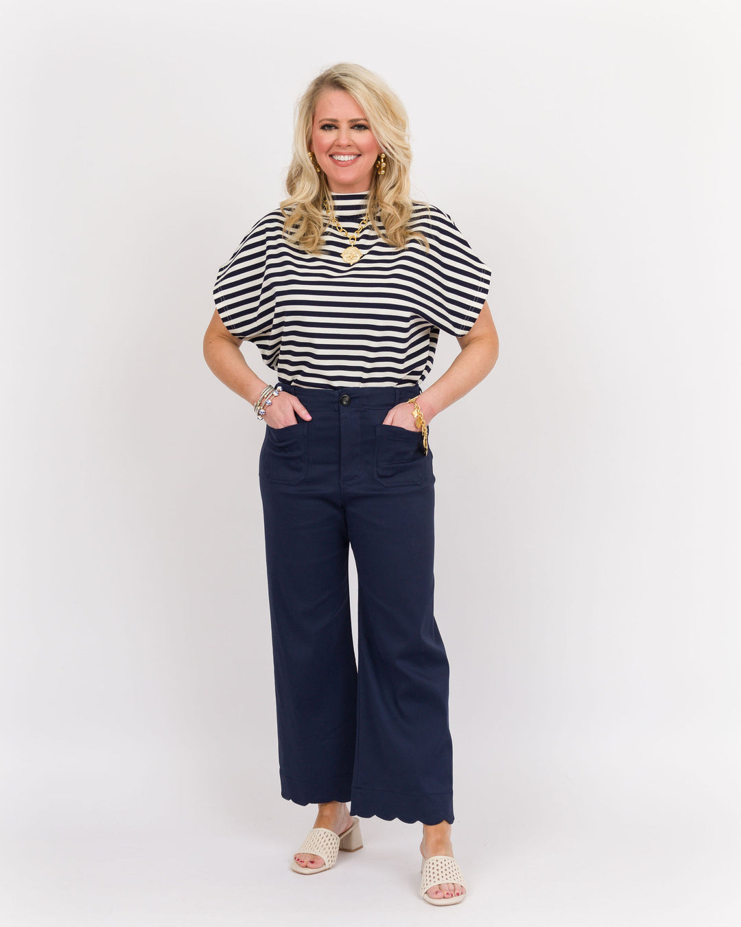 Scallop Hem Pants - Navy