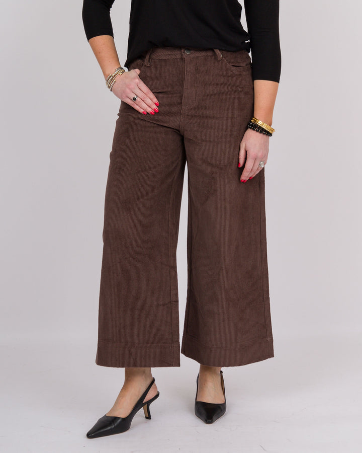 Person wearing brown wide-leg pants on a plain background