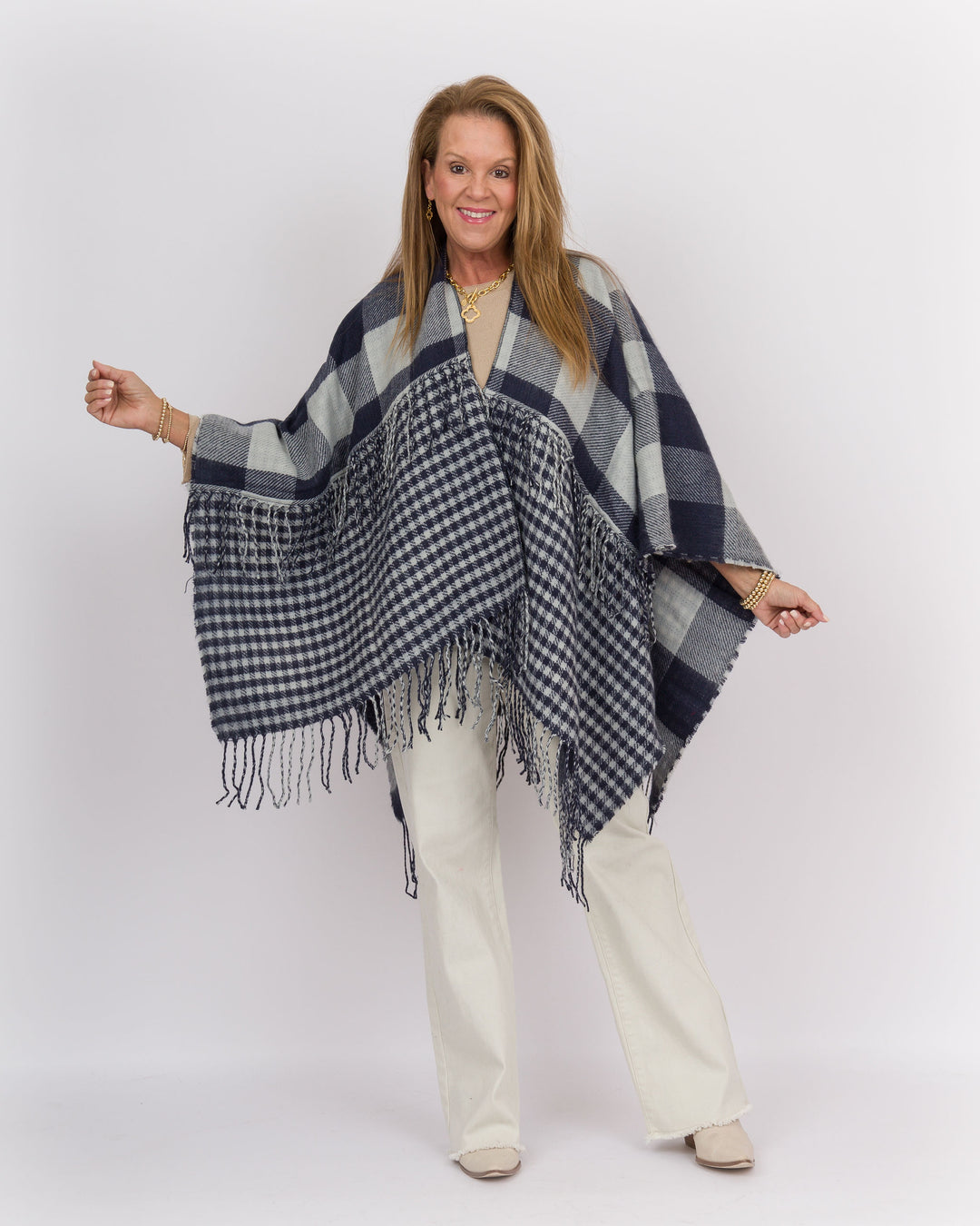 Plaid Fringe Wrap Navy