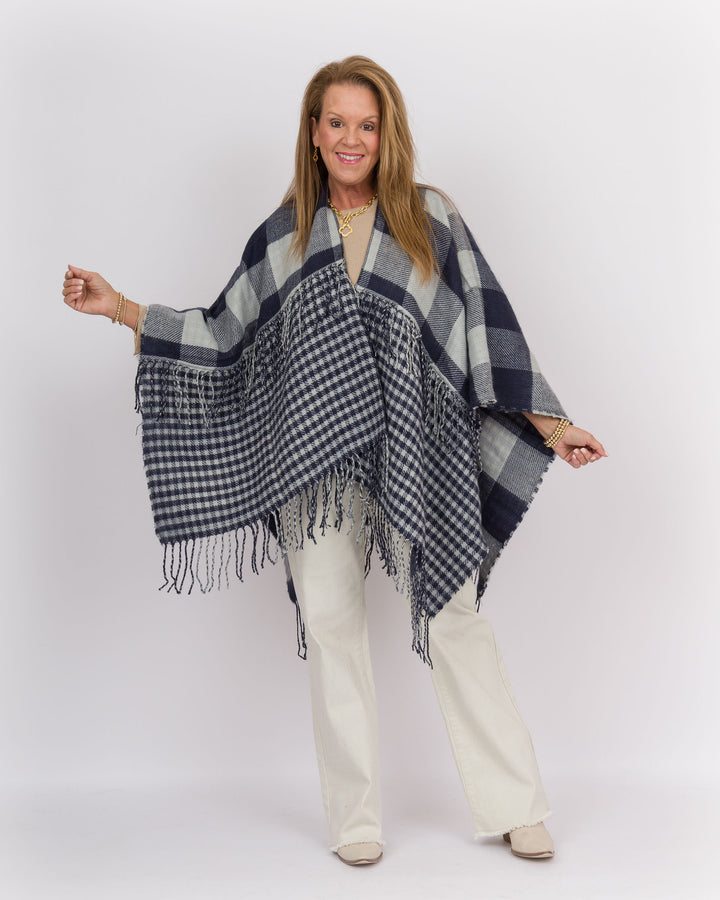 Plaid Fringe Wrap Navy