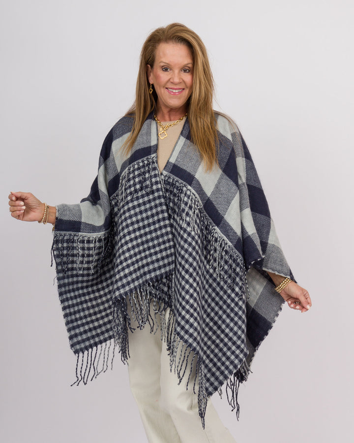Plaid Fringe Wrap Navy