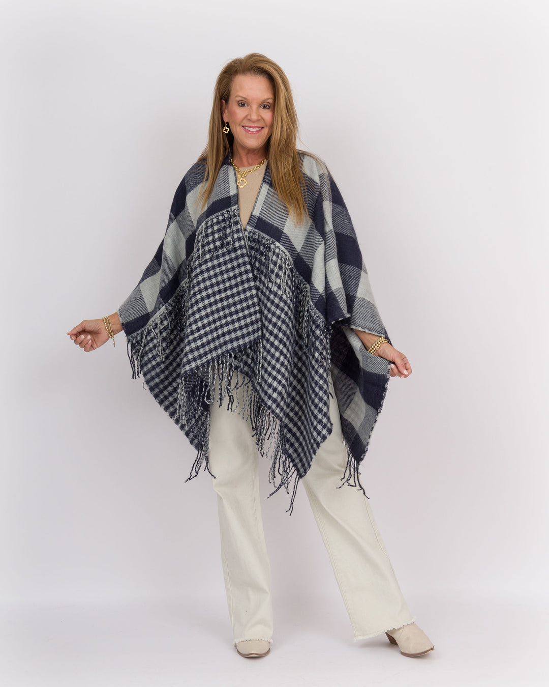 Plaid Fringe Wrap Navy