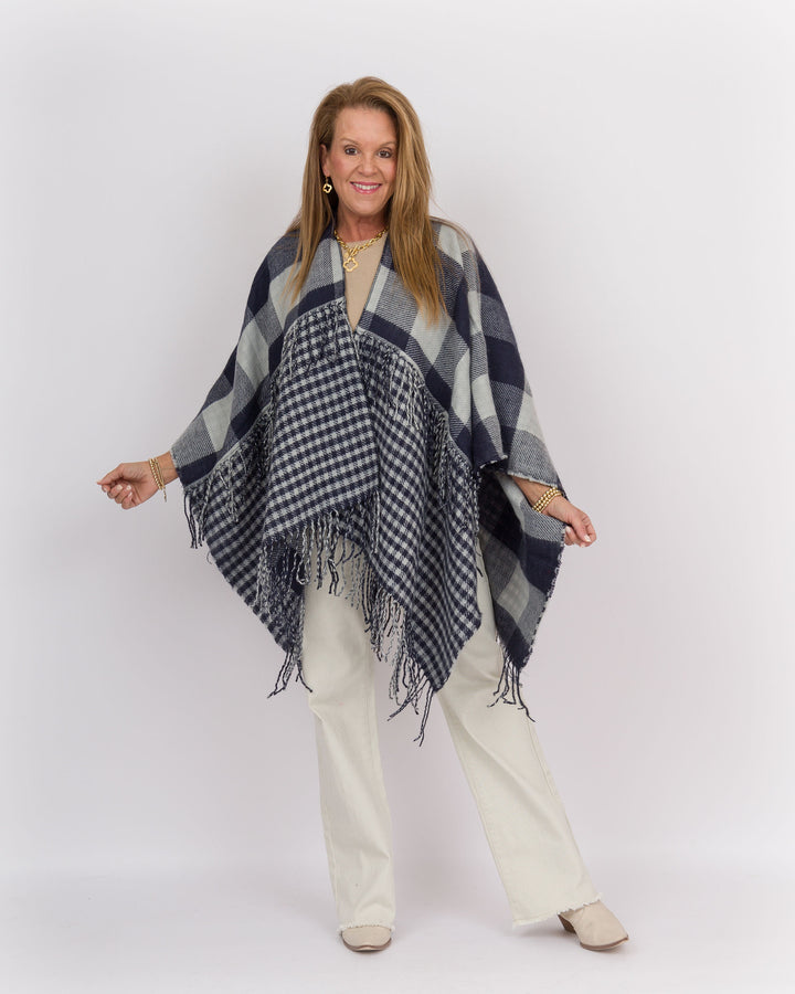 Plaid Fringe Wrap Navy