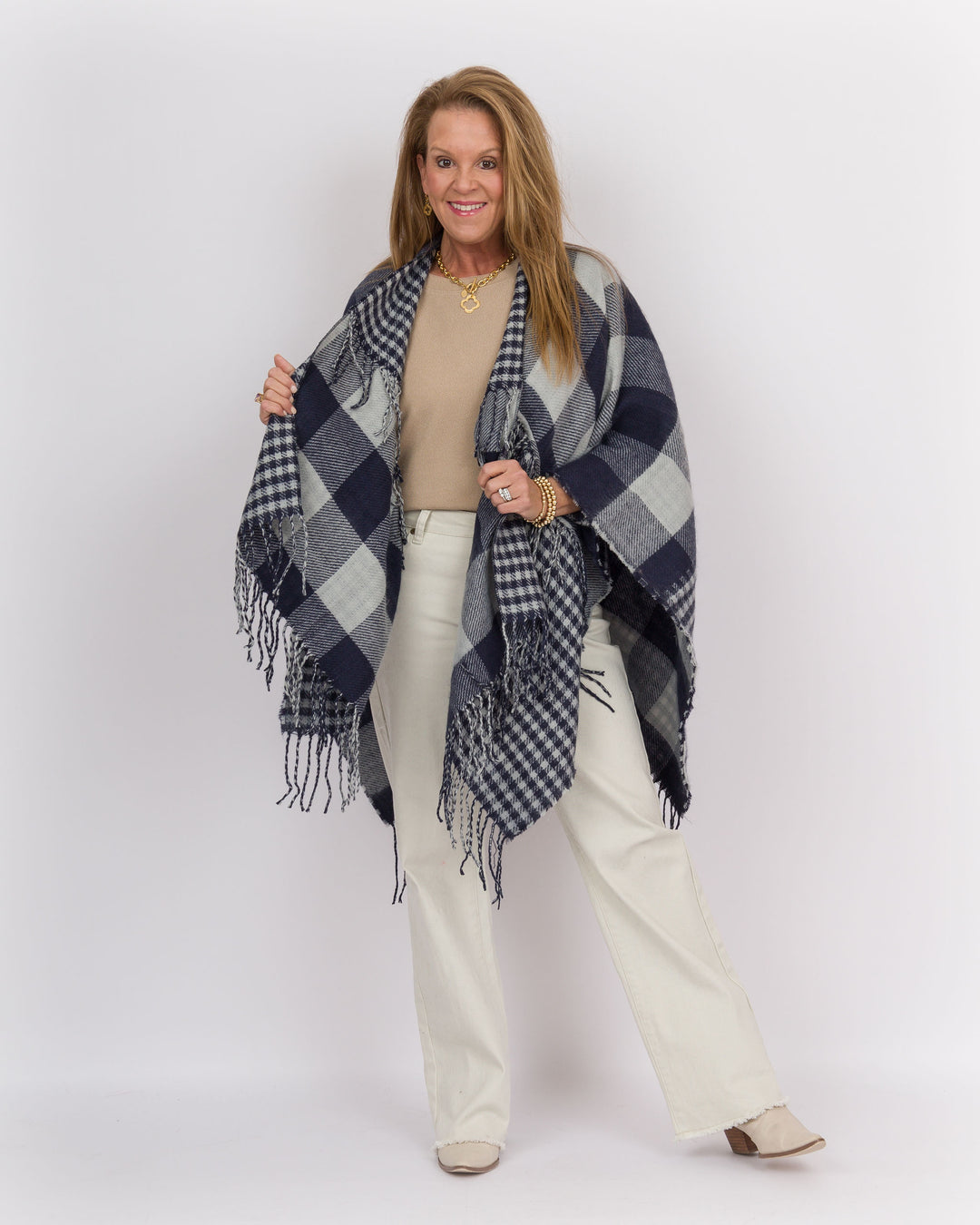 Plaid Fringe Wrap Navy