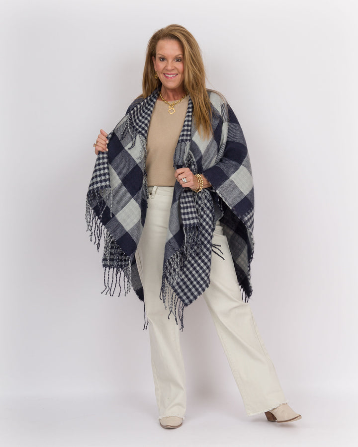 Plaid Fringe Wrap Navy