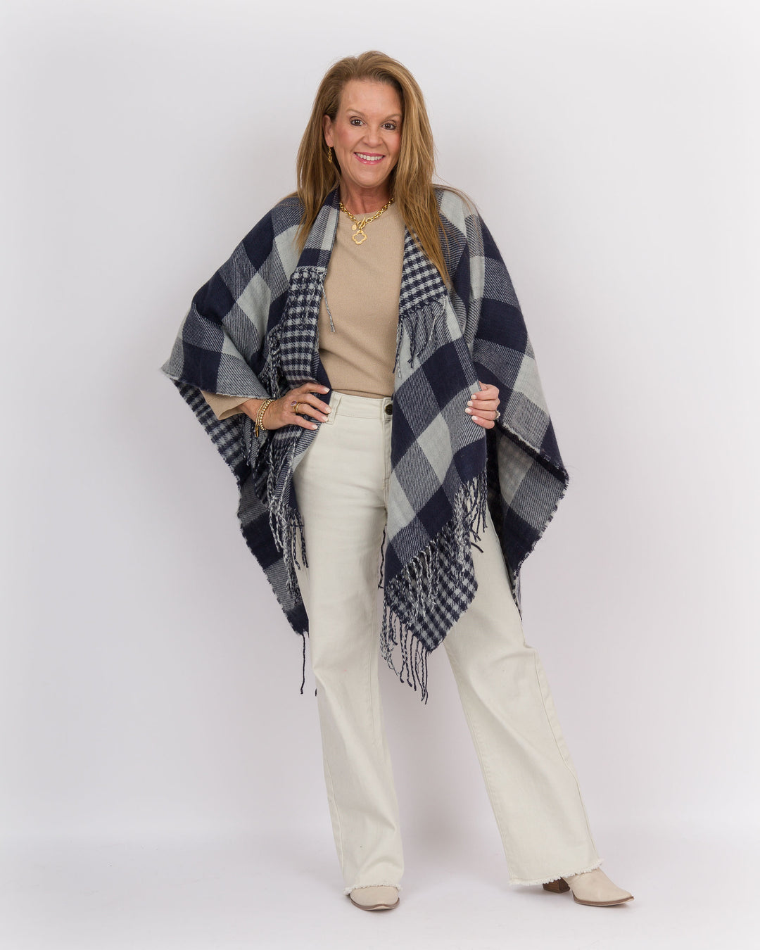 Plaid Fringe Wrap Navy