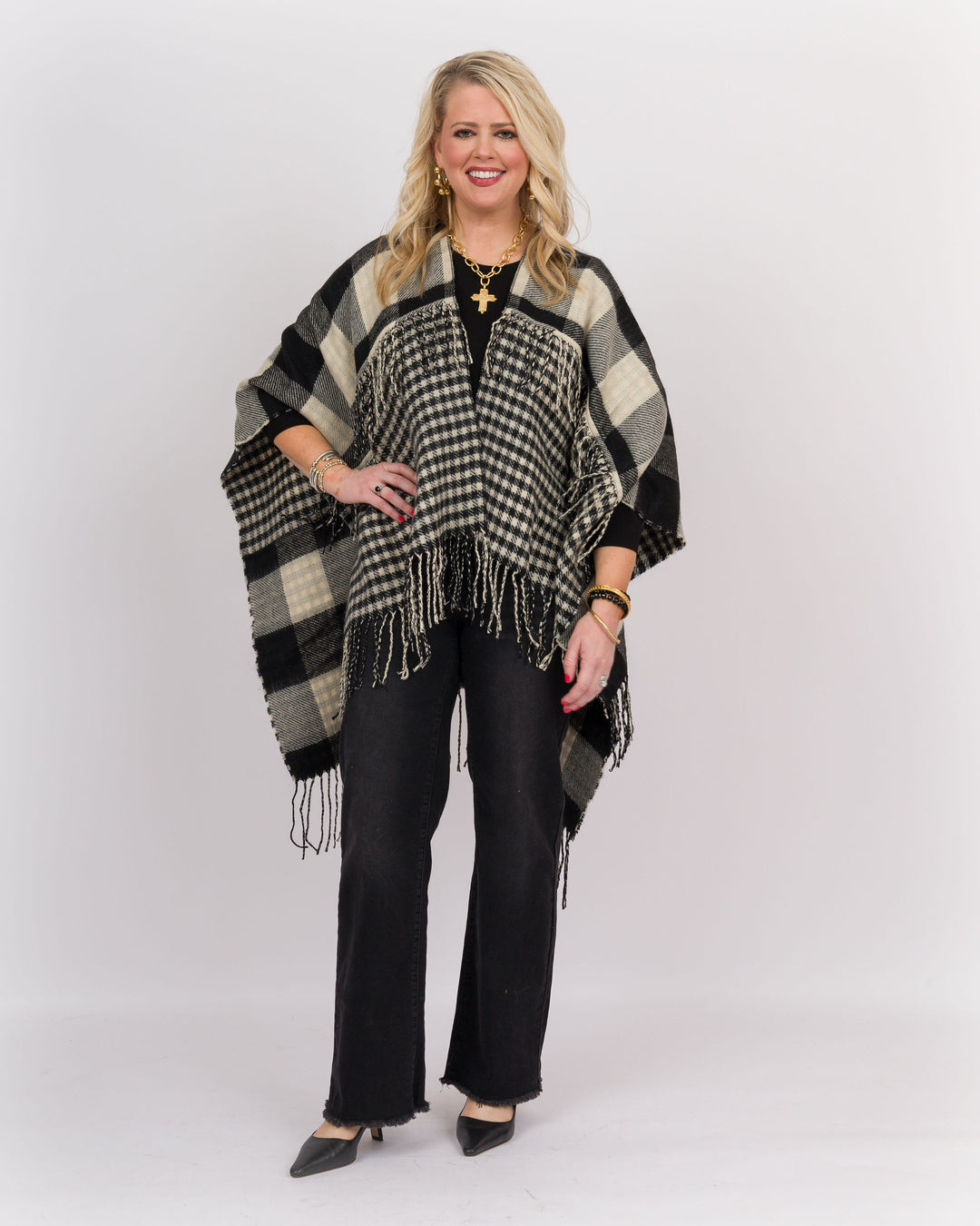 Plaid Fringe Wrap Black