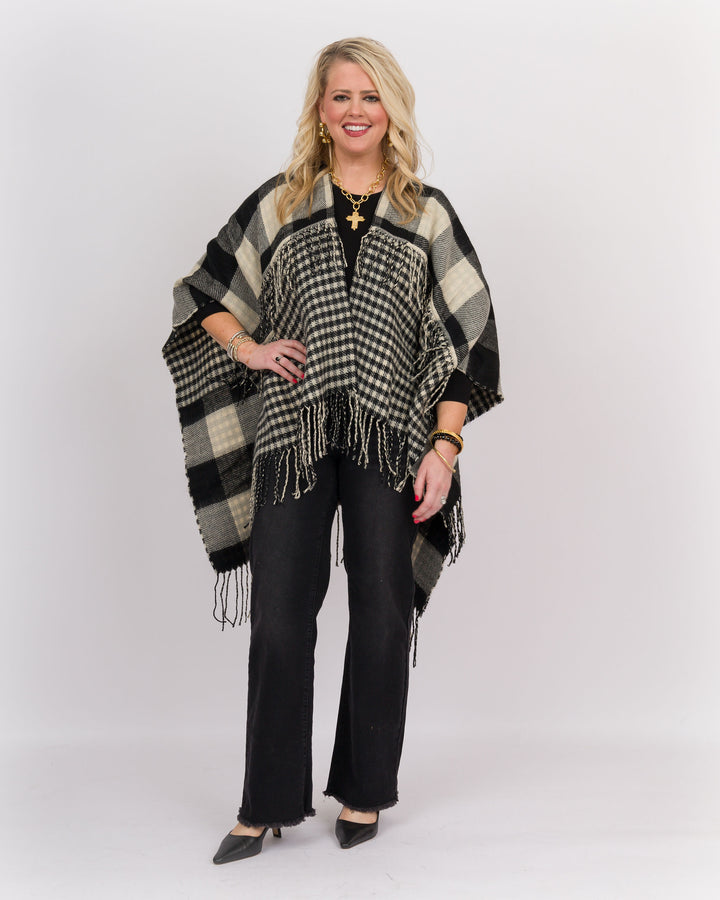 Plaid Fringe Wrap Black