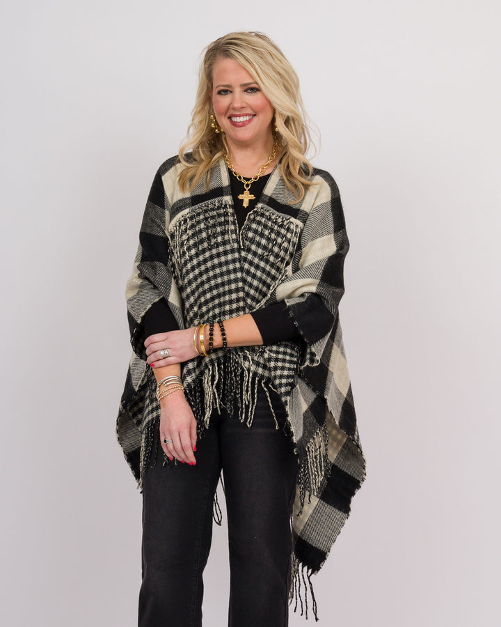 Plaid Fringe Wrap Black