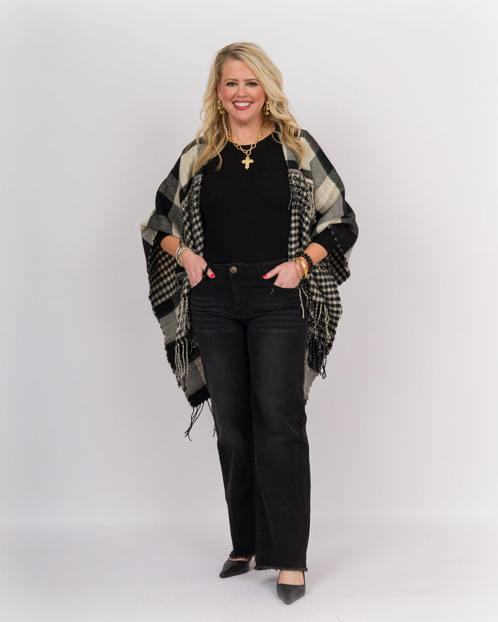Plaid Fringe Wrap Black
