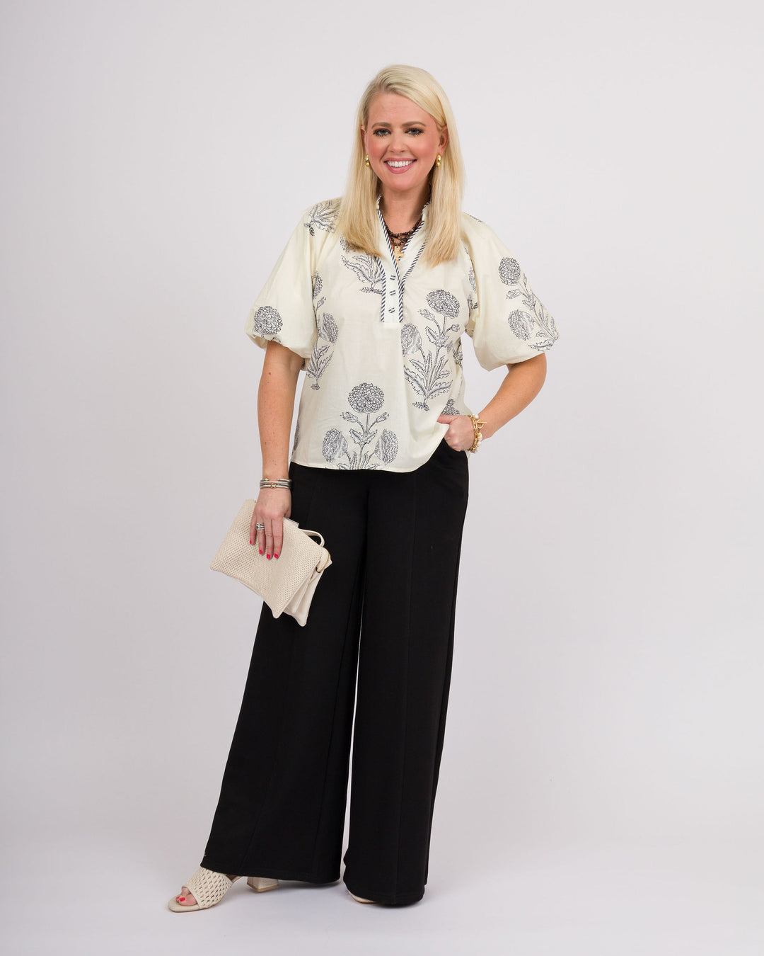 Ecru Black Floral Print Top
