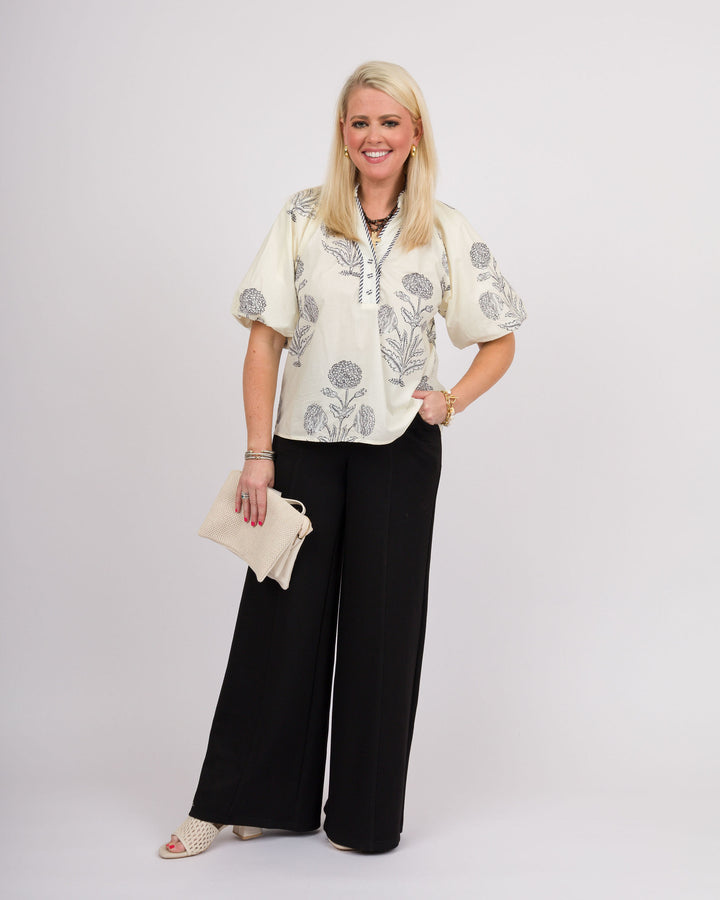 Ecru Black Floral Print Top