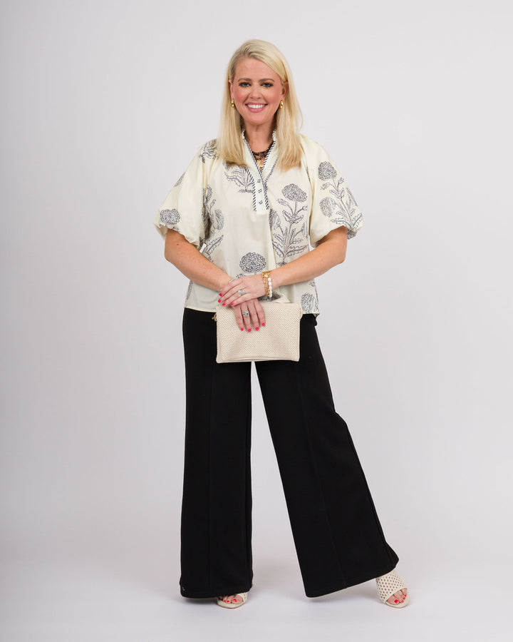 Ecru Black Floral Print Top
