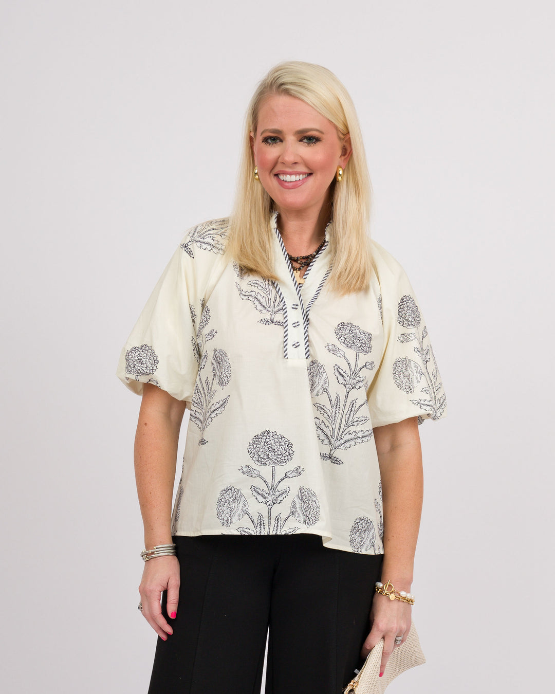 Ecru Black Floral Print Top