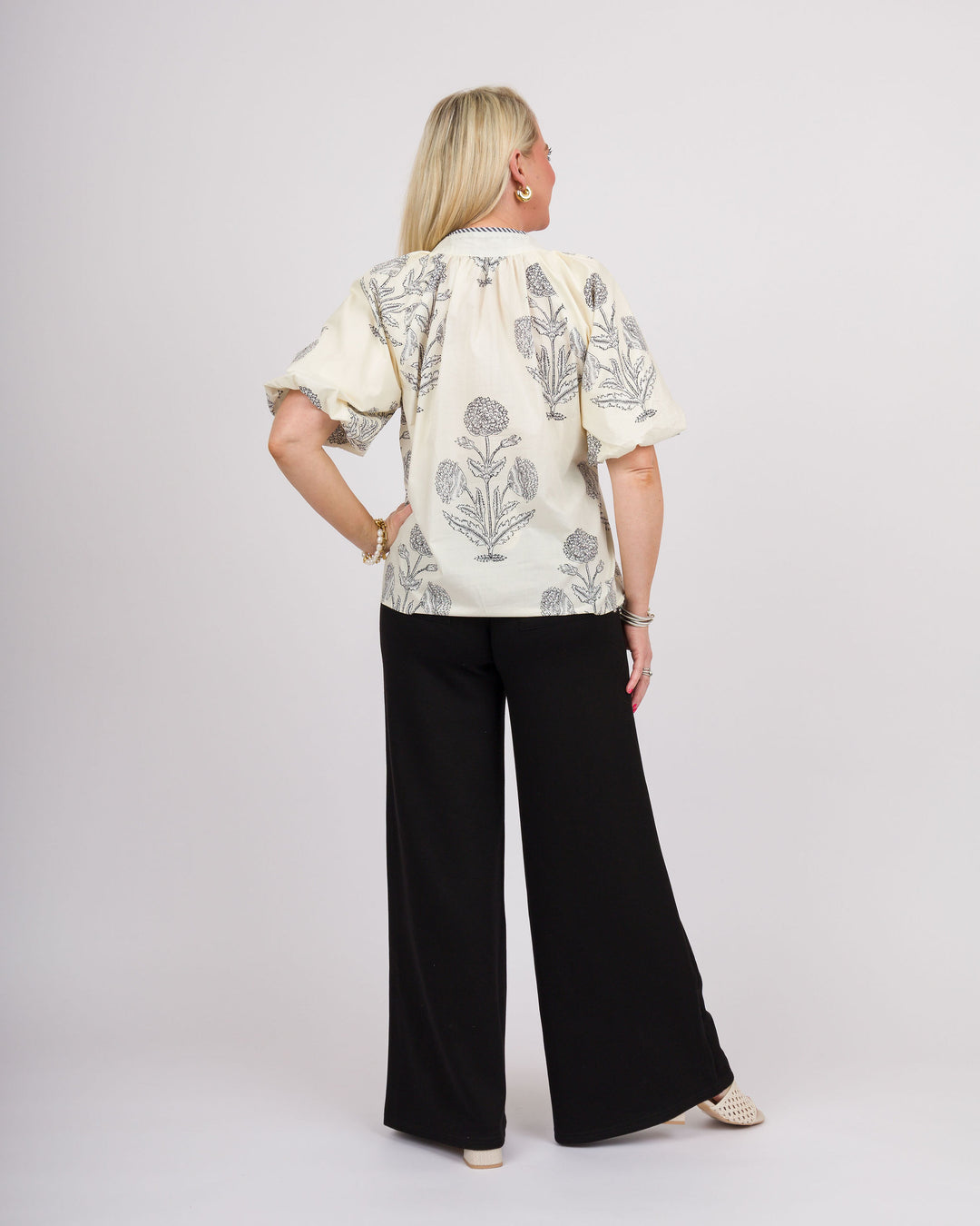 Ecru Black Floral Print Top