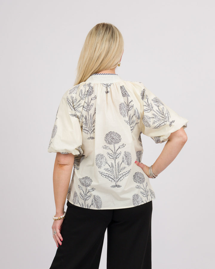 Ecru Black Floral Print Top