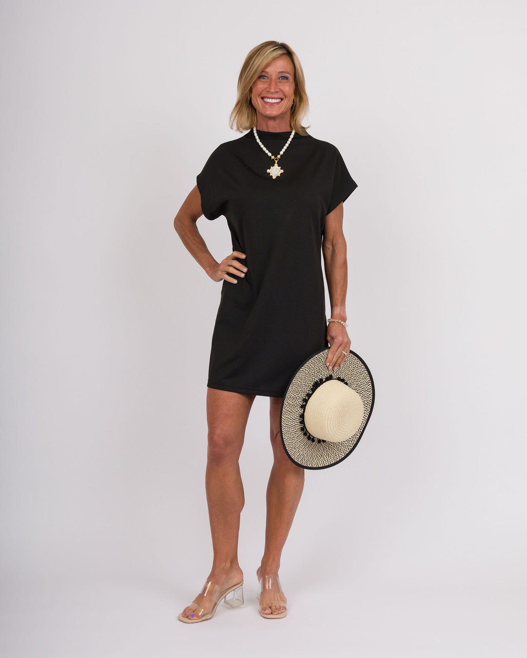 Solid Mock Neck Mini Dress - Black