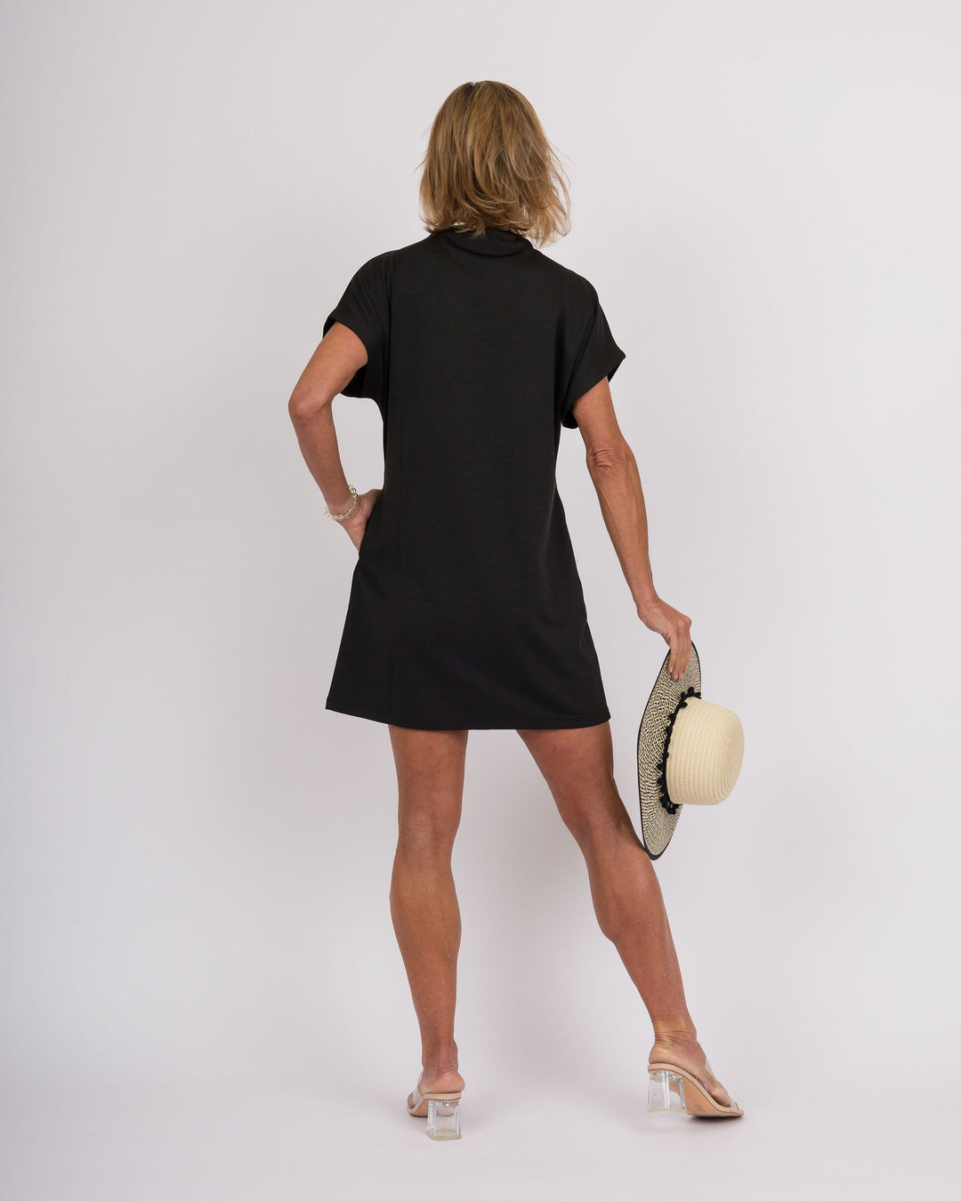 Solid Mock Neck Mini Dress - Black
