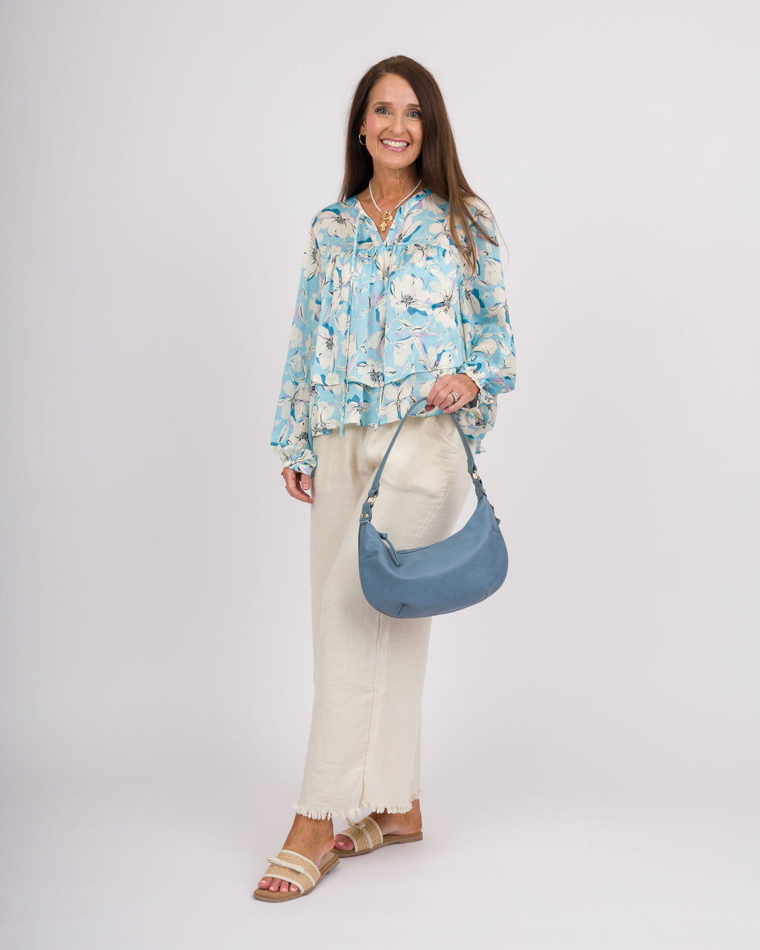 Blue &amp; Cream Floral Long Sleeve Blouse