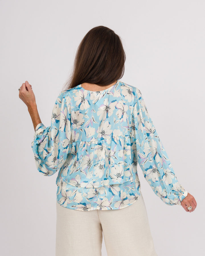 Blue &amp; Cream Floral Long Sleeve Blouse