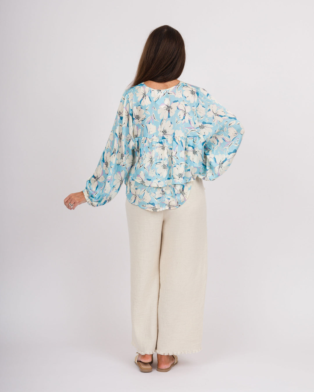 Blue &amp; Cream Floral Long Sleeve Blouse