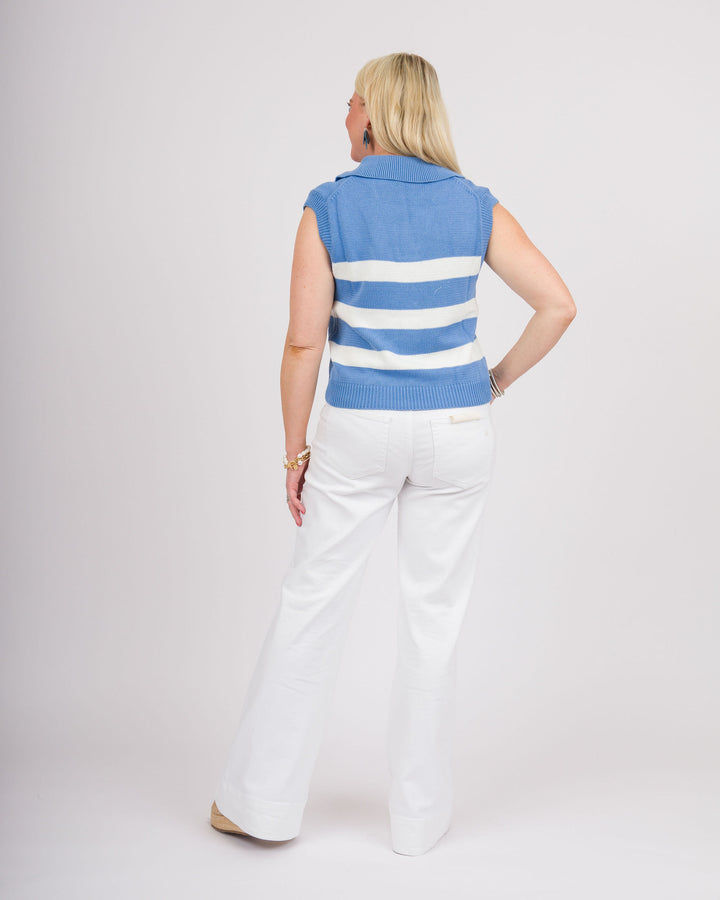 Striped Sleeveless Collared Sweater - Light Blue