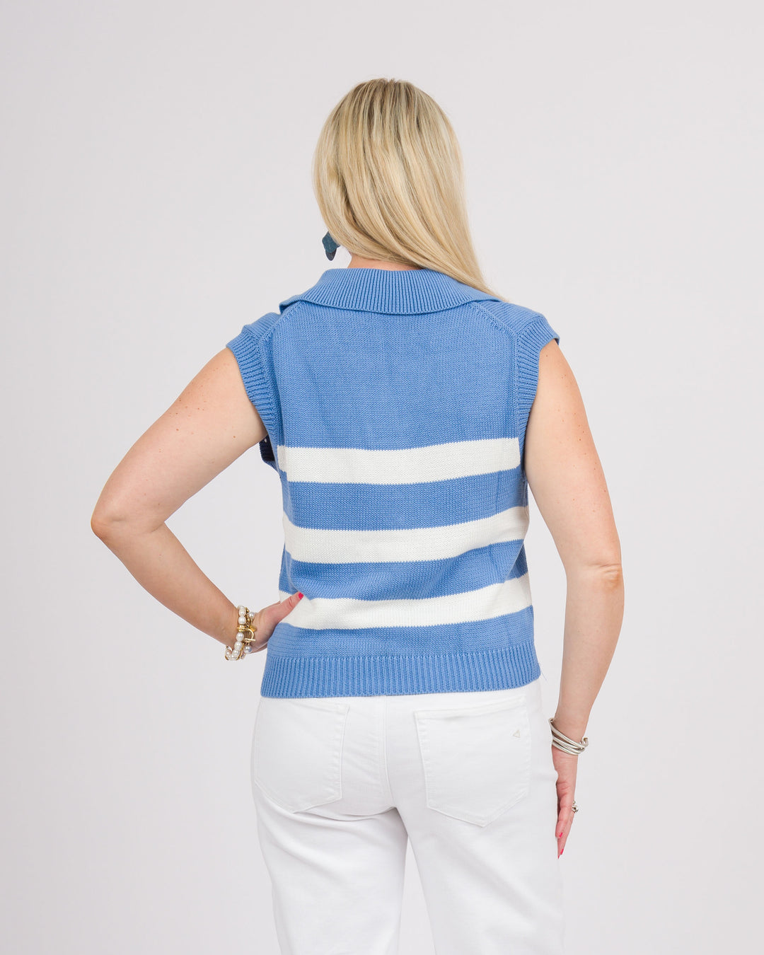 Striped Sleeveless Collared Sweater - Light Blue