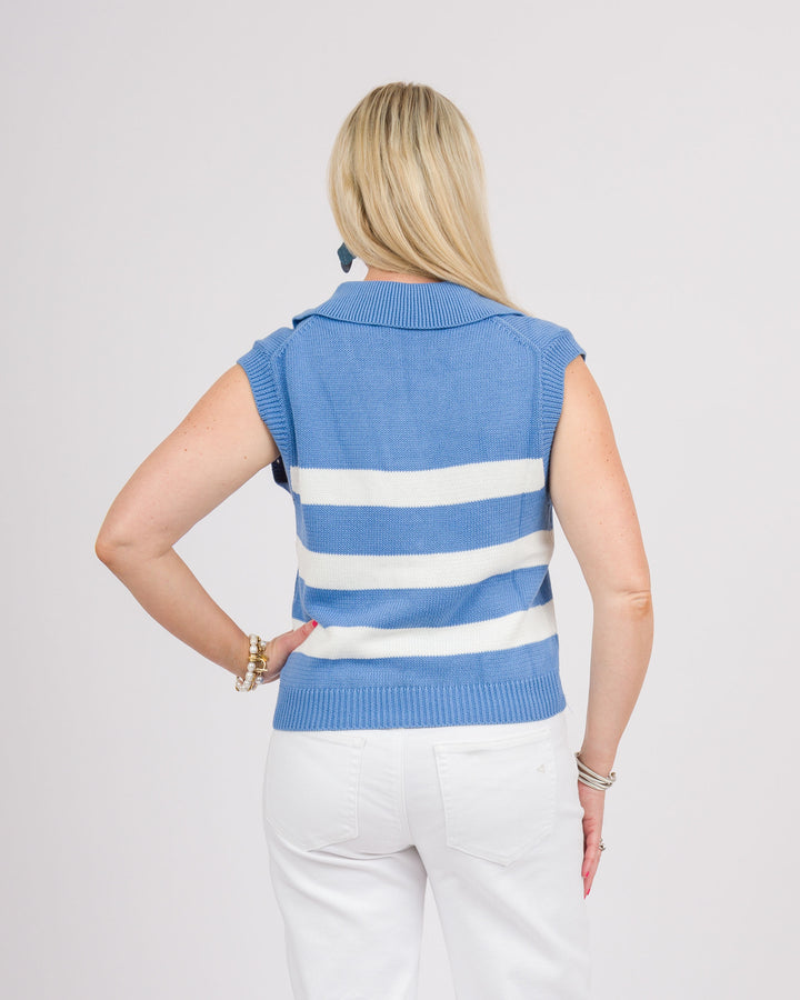Striped Sleeveless Collared Sweater - Light Blue