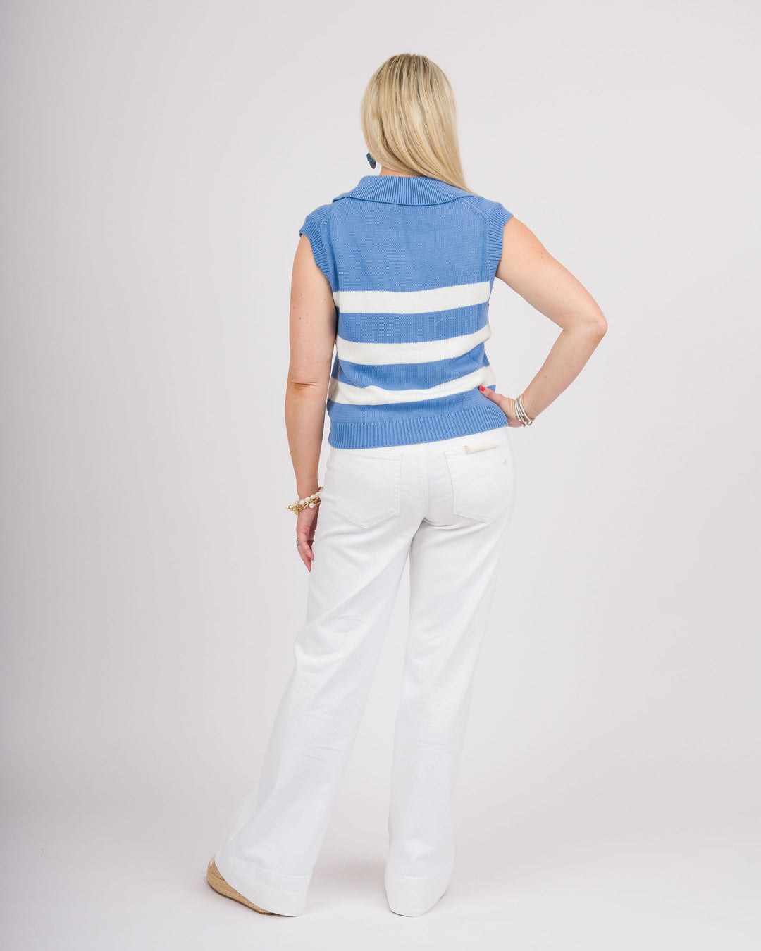 Striped Sleeveless Collared Sweater - Light Blue