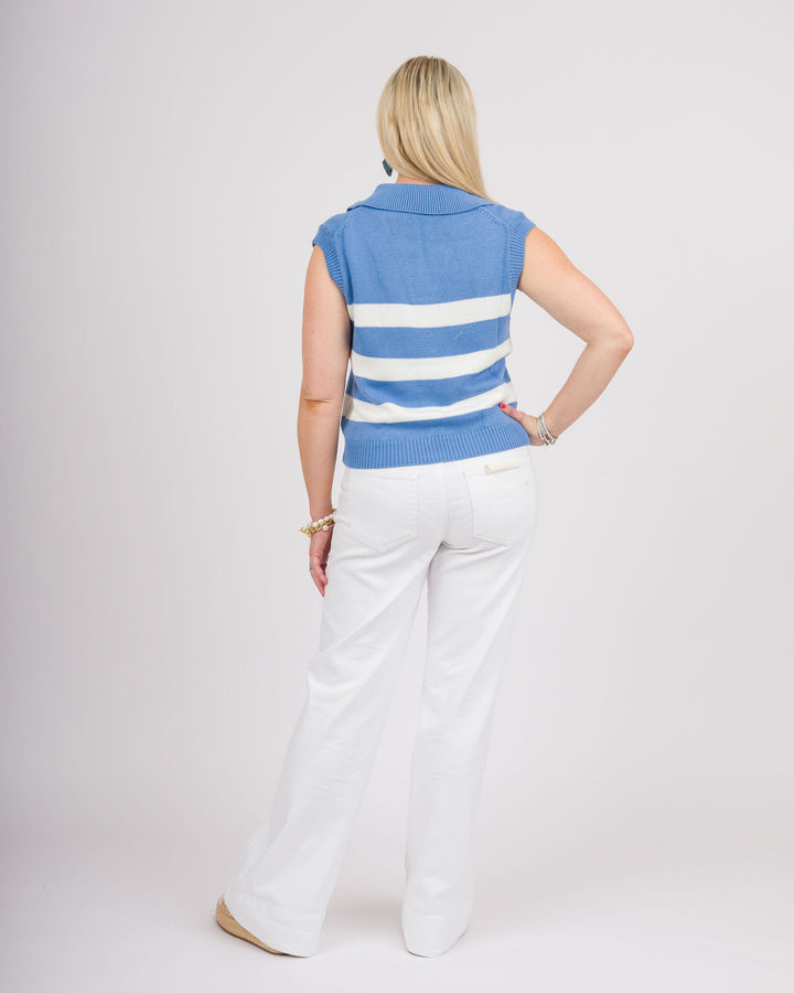 Striped Sleeveless Collared Sweater - Light Blue