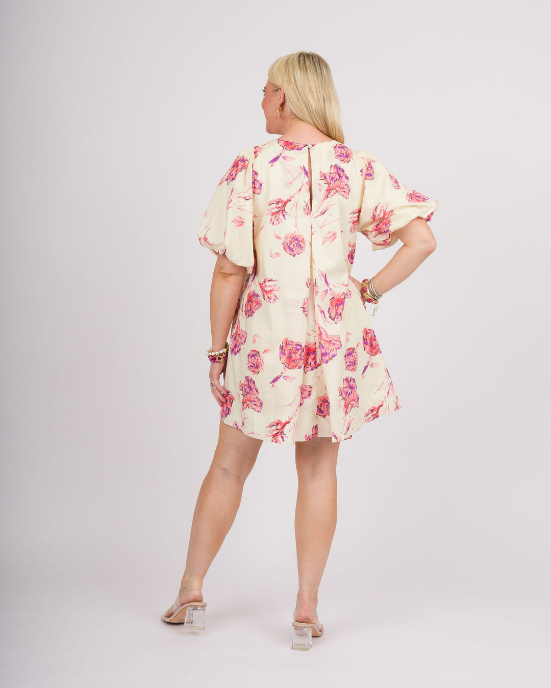 Cream Floral Puff Sleeve Dress