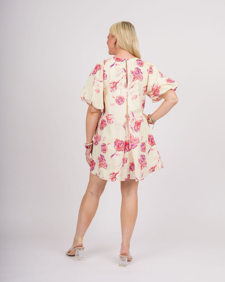 Cream Floral Puff Sleeve Dress
