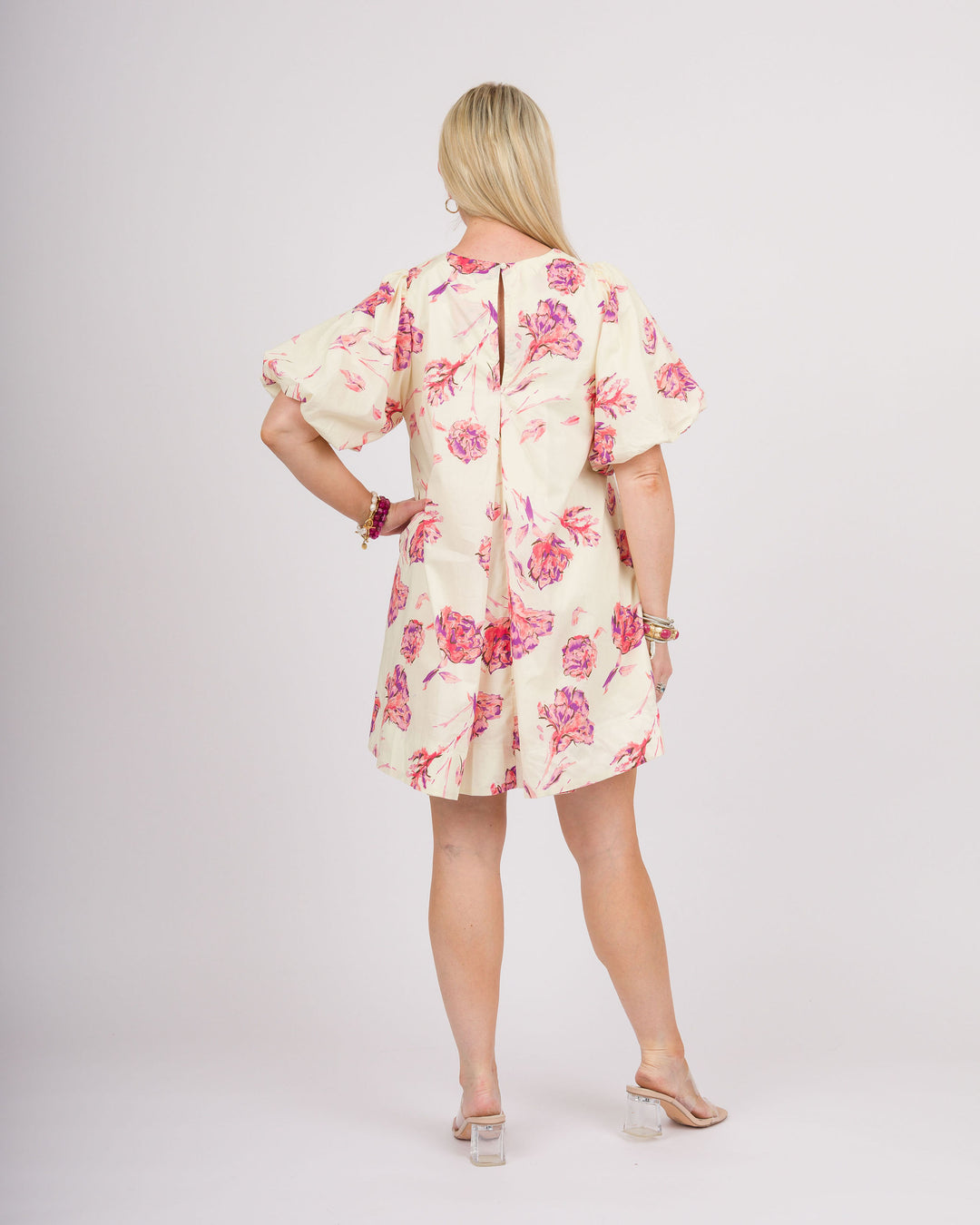 Cream Floral Puff Sleeve Dress