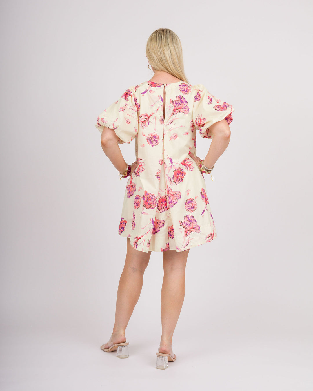 Cream Floral Puff Sleeve Dress