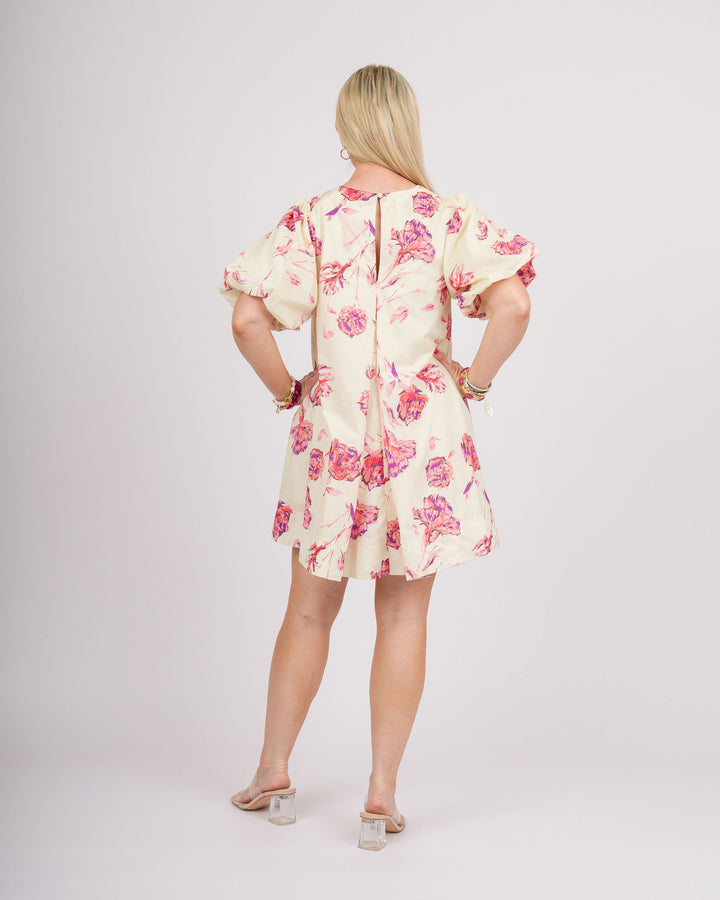 Cream Floral Puff Sleeve Dress